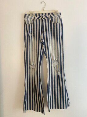 Boutique Blue & White Striped Distressed Flared Jeans Size M